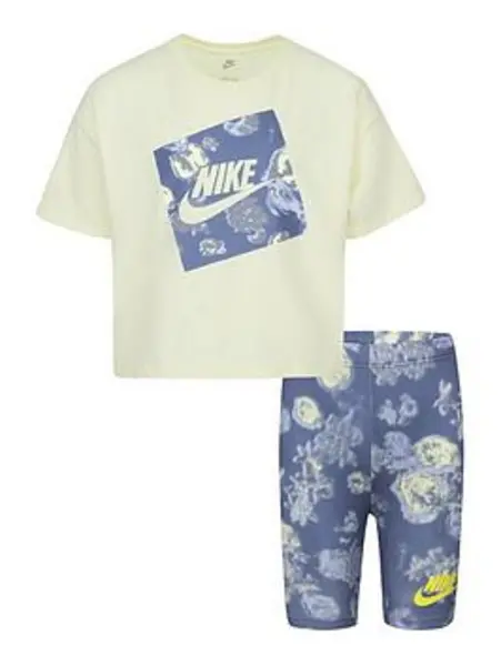 image of Nike Infant Girls Ink Print Boxy Tee & Bike Short Set, Yellow, Size 12 Months Yellow VFMVN Unisex 12 MONTHS