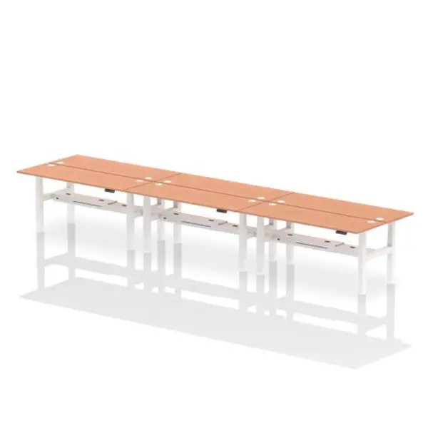 Image of Air Air Back-to-Back 1800 x 600mm Height Adjustable 6 Person Bench Desk Beech Top with Cable Ports White Frame HASCP6P18600BCHW