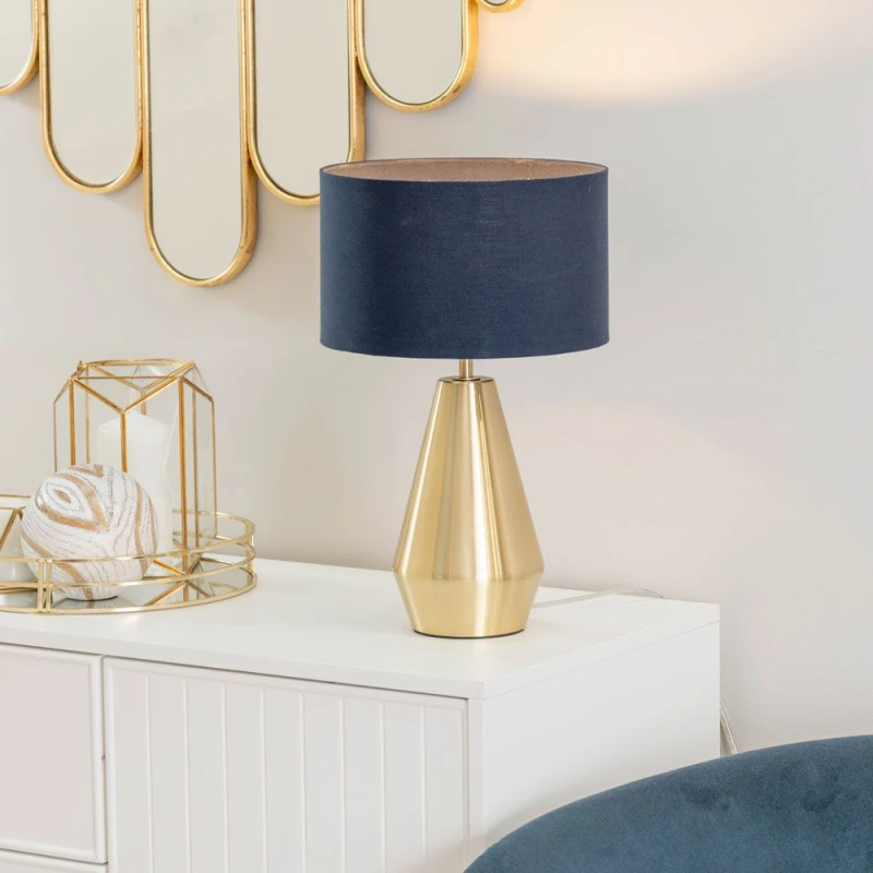 Image of ValueLights Jax Antique Brass Metal Dimmable Touch Table Lamp with Fabric Drum Shade Gold