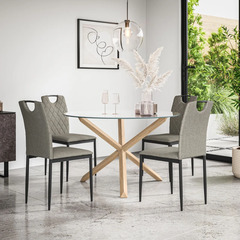Image of More4Homes Malvern Round Dining Table And Chairs - Clear Glass Table Top W Solid Oak Legs + Monza Fabric Dining Chair Set Of 4 (Grey)