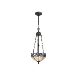 Image of 2 Light Uplighter Ceiling Pendant E27 With 30cm Tiffany Shade, Blue, Clear Crystal, Aged Antique Brass