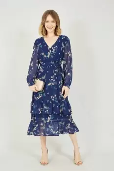 image of Navy Botanical Bird Print Gyspy Dress