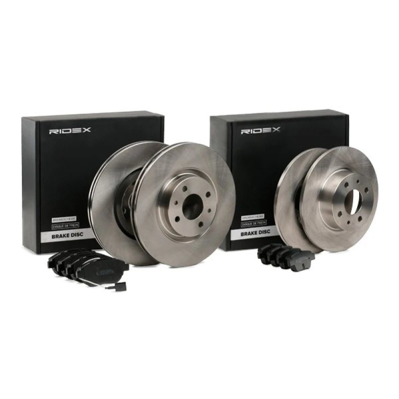 Image of RIDEX 3405B1692 Brake disc and pads set Front Axle, Brake Disc Type: internally vented, with integrated wear sensor, without wheel hub Brake Set,disc