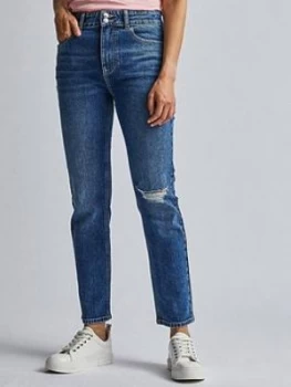 Image of Dorothy Perkins Rip Knee Mid Rise Slim Jean - Indigo