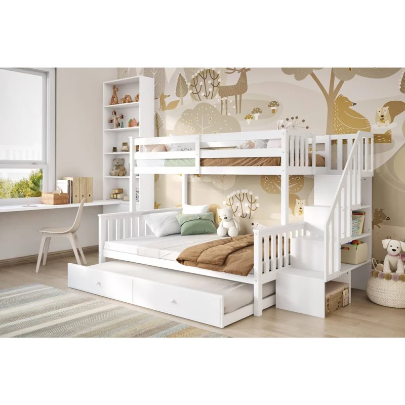 Image of Flair Tag Triple Staircase Bunk Bed with Trundle in White Size: Double White Unisex Double
