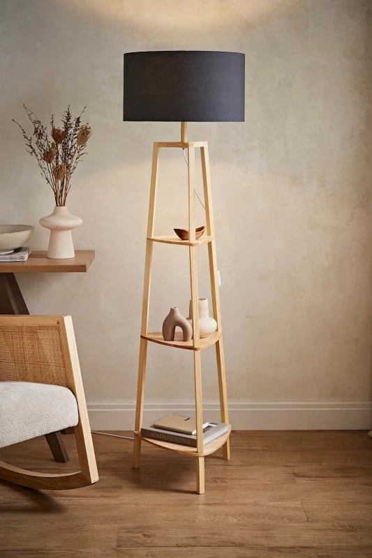 Image of ValueLights Hiru Natural Wooden 3 Tier Shelf Floor Lamp Light with Shade Charcoal