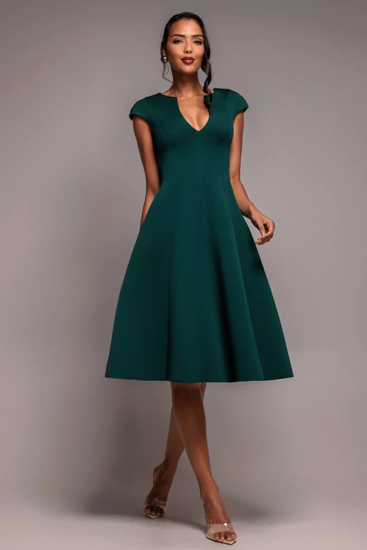 Image of Goddiva Womens Cap Sleeve Plunging V Neckline A-line Midi Dress in Emerald Size: 8 Emerald Female 8