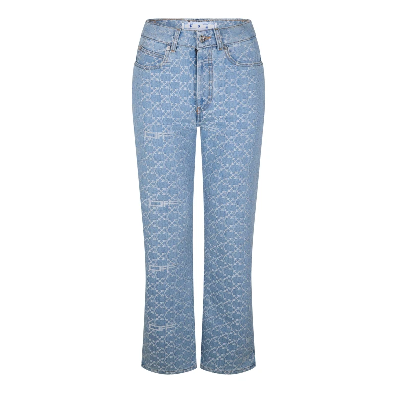 Image of Off White Womens Monogram 90s Mid Rise Cotton Straight Leg Jeans Light Blue female 25