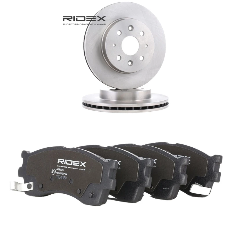 Image of RIDEX 3405B2772 Brake disc and pads set Front Axle, Brake Disc Type: internally vented, with acoustic wear warning Brake Set,disc brakes (3405)