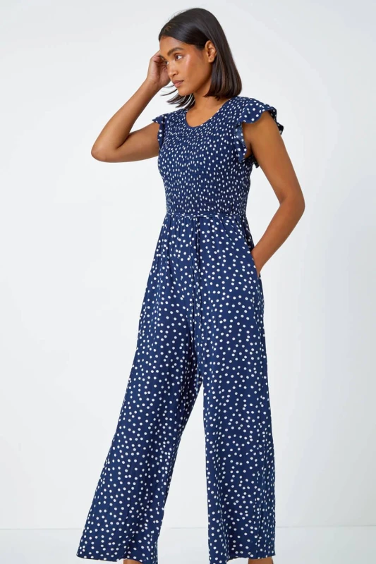 Image of Roman Polka Dot Shirred Pocket Jumpsuit Navy