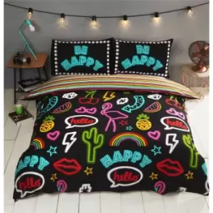 image of Be Happy Neon Effect with stripe reverse Duvet Cover Bedding Set (Single)