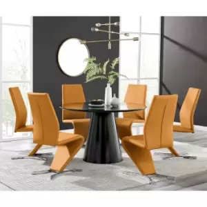 Image of Furniture Box Palma Black Semi Gloss Round Dining Table and 6 Mustard Willow Chairs