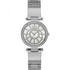 image of GUESS Ladies silver watch, white dial and silver textured bracelet.