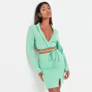 image of Missguided Jersey Tailored Tie Waist Crop Blazer - Green