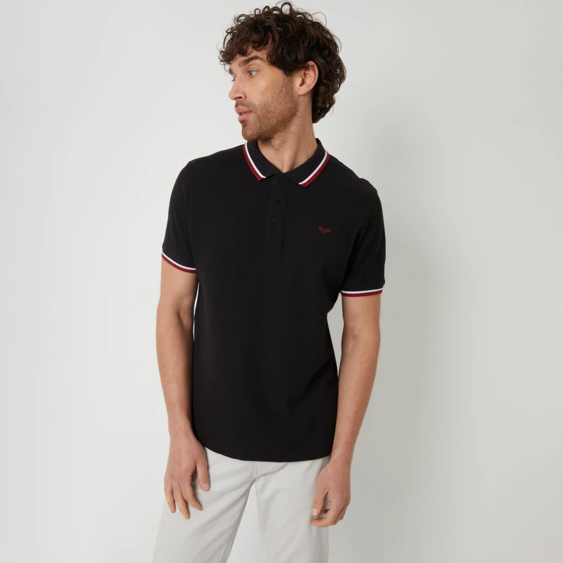 Image of Threadbare Herringbone Tipping Cotton Pique Polo Shirt - Black S