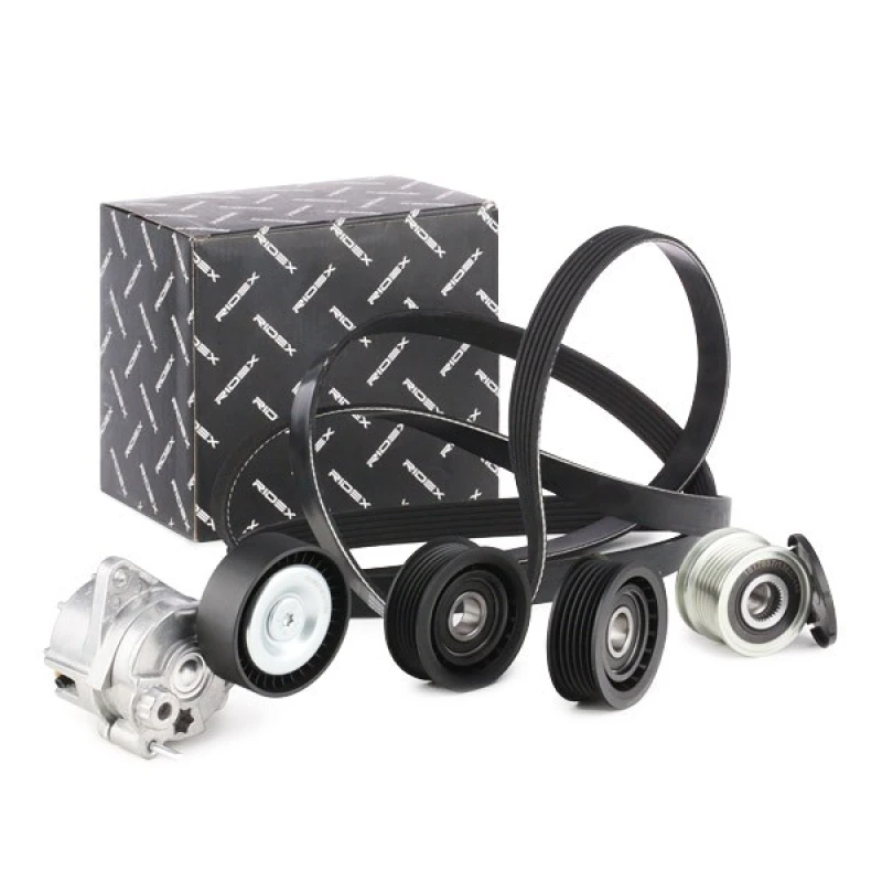 Image of RIDEX 542R0566 V-ribbed belt set Check alternator freewheel clutch & replace if necessary, Pulleys: with freewheel belt pulley V-Ribbed Belt Set (542