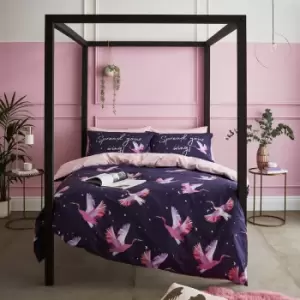 image of Sassy B Cosmic Cranes Print Reversible Duvet Cover Set, Navy, King