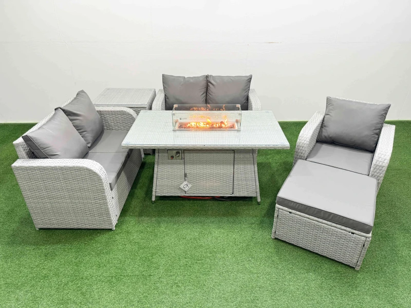 Image of Fimous High Back Poly Rattan Garden Furniture Set with Reclining Chair Loveseat Sofa Firepit Dining Table Indoor Outdoor Patio Set Big Stool Side Tab