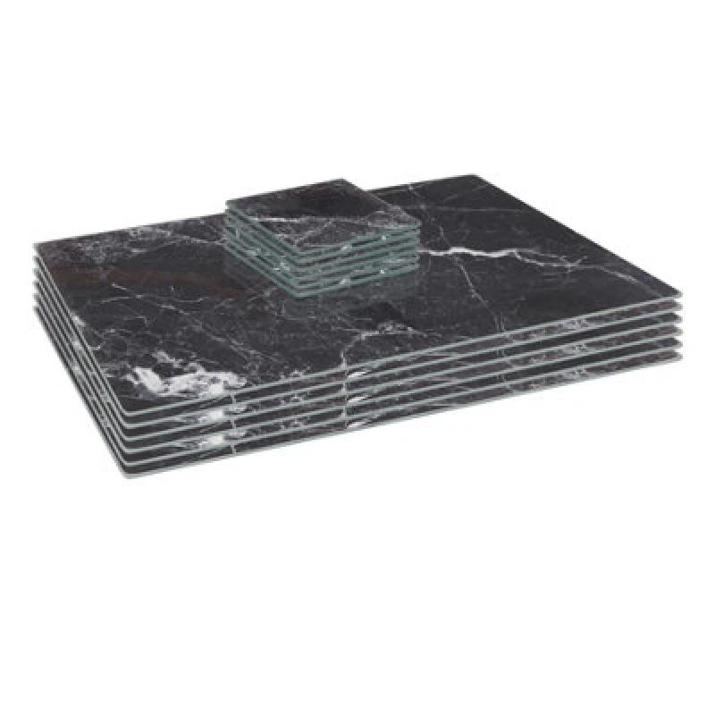 Image of Harbour Housewares 12Pc Glass Placemats & Square Coasters Set - 40 X 30Cm Black Marble Dining Table Protection Place Mats Coasters