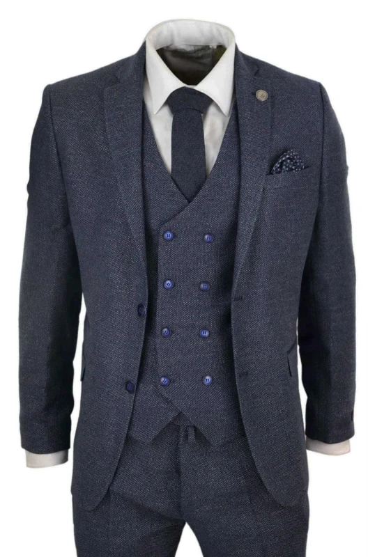 Image of Oliver Tweed Wool 3 Piece Suit Double Breasted Waistcoat Tweed Peaky Blinders 1920s Navy