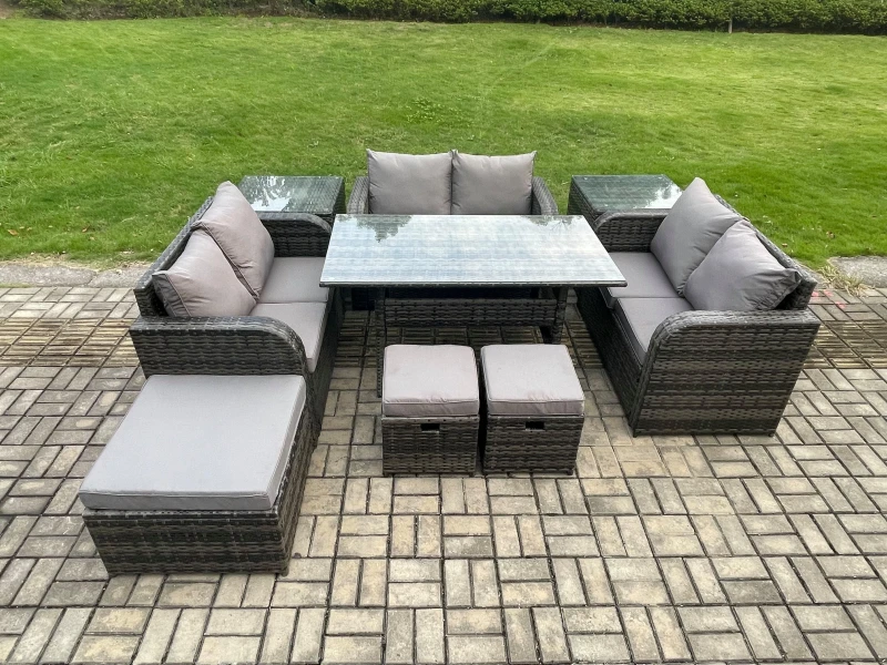 Image of Fimous 9 Pieces Outdoor Rattan Garden Furniture Set with Patio Rectangular Dining Table Love Sofa 2 Side Tables 3 Footstools Dark Grey Mixed Dark Grey
