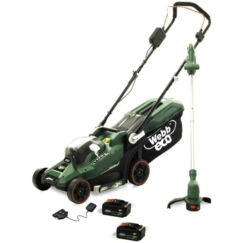 Image of Webb Eco 20v Cordless Lawnmower and Grass Trimmer Garden Power Tool Kit 2 x 4ah Li-ion Battery Charger WEV20LM33LT25B42