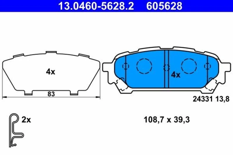Image of ATE 13.0460-5628.2 Brake pad set with acoustic wear warning, with anti-squeak plate Brake Pad Set,disc brake (402)