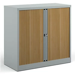 image of Bisley Tambour Cupboard Lockable Steel & Aluminium DST40SB 1000 x 470 x 1000 - 1015mm Silver & Beech