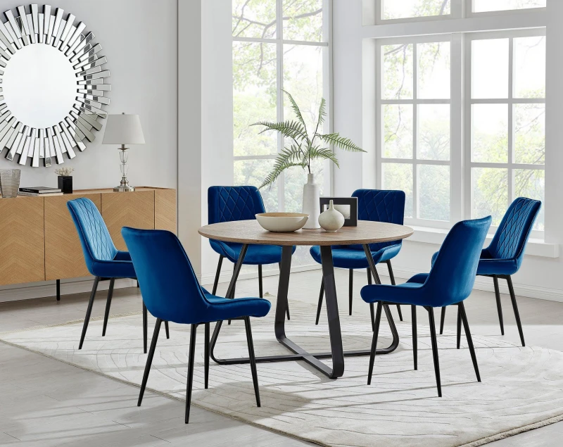 Image of FurnitureboxUK FurnitureboxUK Santorini Brown Round Dining Table And 6 Pesaro Black Leg Chairs in Navy Navy One Size Unisex 5056542640308