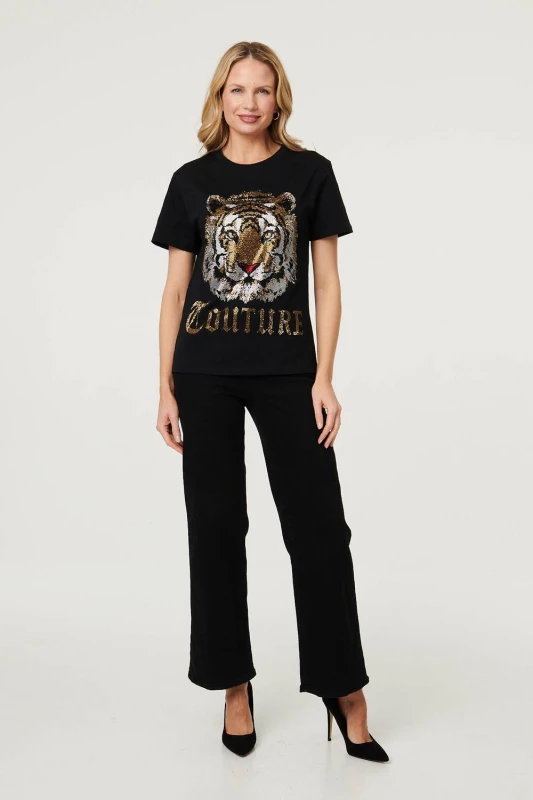 Image of Izabel London Womens Diamante Graphic Print Relaxed T-Shirt in Black Size: 10 Black Female 10