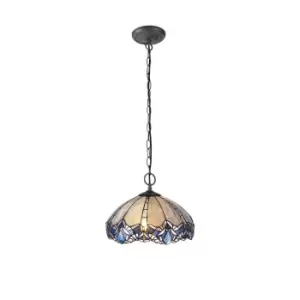 Image of 2 Light Downlight Ceiling Pendant E27 With 40cm Tiffany Shade, Blue, Clear Crystal, Aged Antique Brass