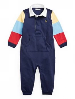 Image of Ralph Lauren Baby Boys Stripe Sleeve Sweat Coverall - Navy, Size 3 Months