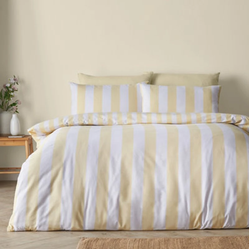 Image of Catherine Lansfield Cove Stripe Reversible Double Duvet Cover Set With Pillowcases Yellow