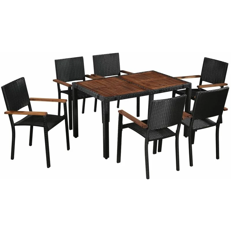 Image of VIDAXL 7 Piece Outdoor Dining Set Poly Rattan and Acacia Wood Black Vidaxl 43935