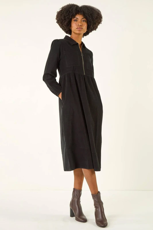 Image of Roman Womens Corduroy Zip Detail Midi Dress in Black Size: 12 Black Female 12