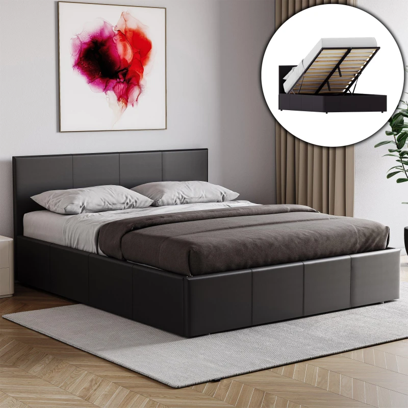 Image of Lassic Lisbon King Ottoman Faux Leather Bed & Mattress Black unisex King Size