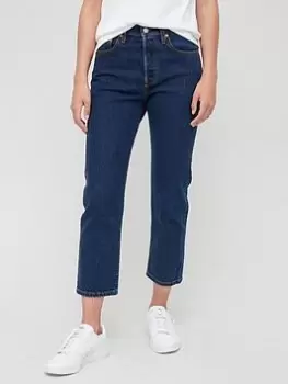 image of Levis 501 Crop High Waist Straight Leg Jean - Dark Blue Size 29, Inside Leg 28, Women