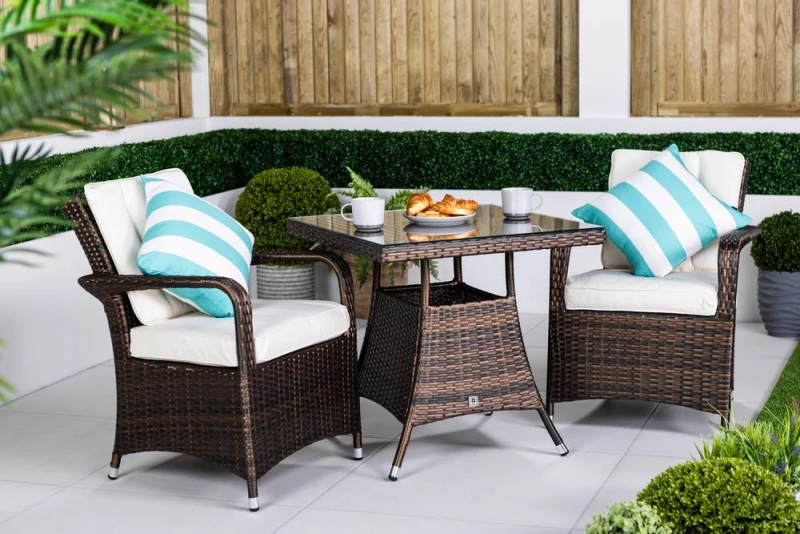 Image of Thats Furniture Arizona Square Rattan Garden Bistro Table & Chairs Set 2 Seater in Brown Brown Unisex