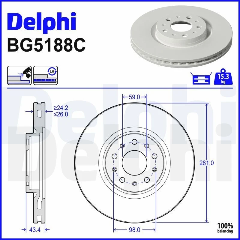 Image of DELPHI Brake disc DELPHI BG5188C