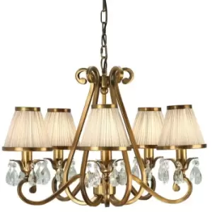 image of Esher Ceiling Pendant Chandelier Brass Crystal & Beige Shades 5 Lamp Light