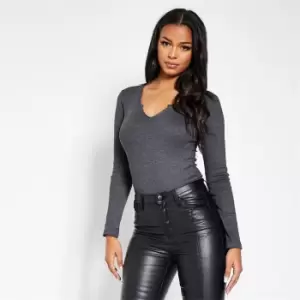 Image of I Saw It First Rib Notch Front Long Sleeve Bodysuit - Grey
