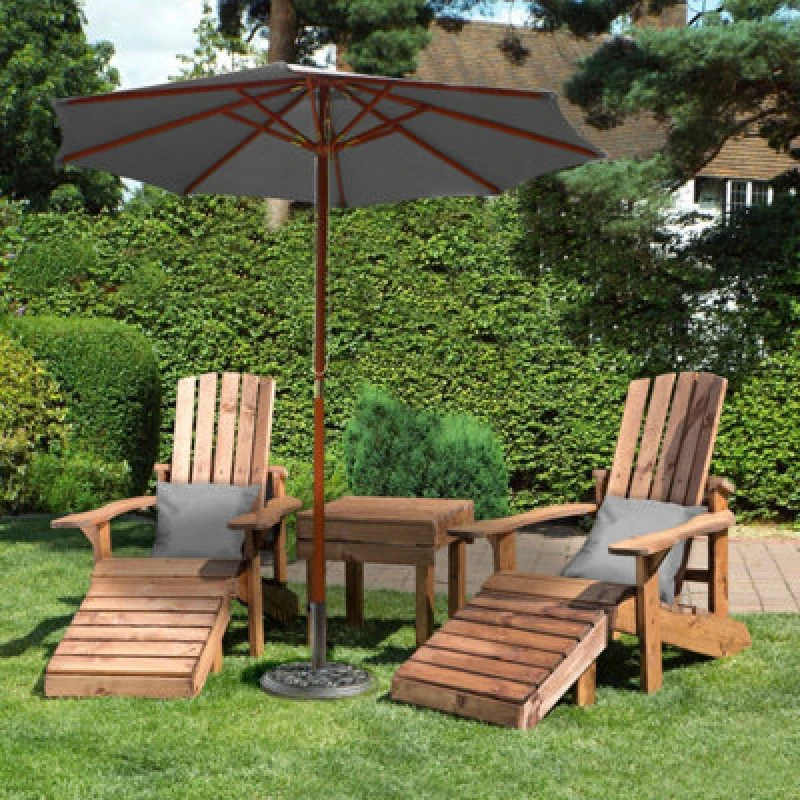 Image of Charles Taylor Trading Charles Taylor Wooden Adirondack 2 X Chair Seat Table & Grey Parasol & Cushions