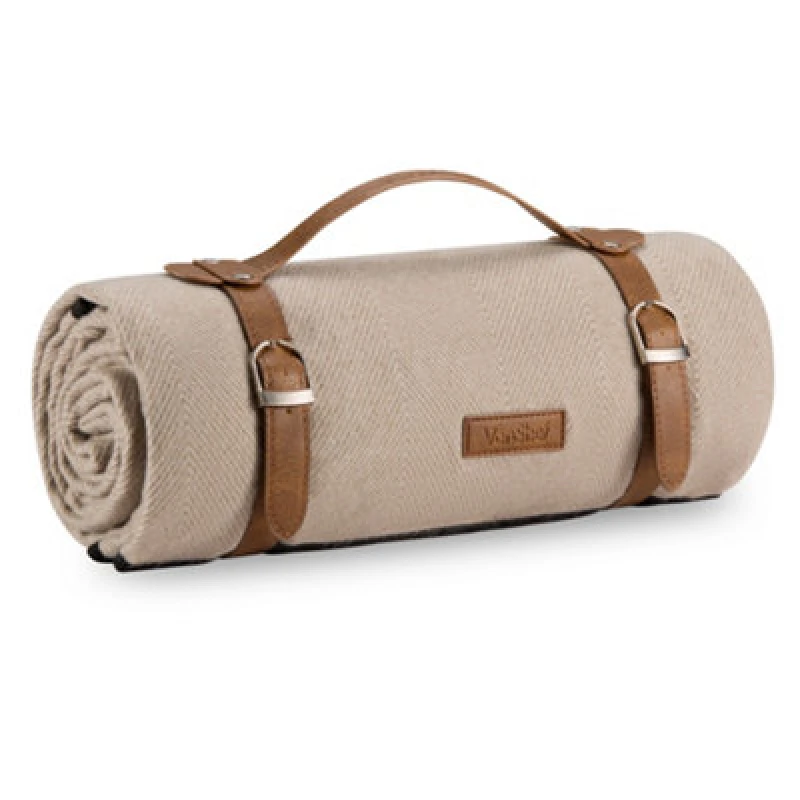 Image of Vonshef Picnic Blanket, Large Beige Outdoor Rug With Waterproof Back, 4 Person Weatherproof Mat With Faux Handle, Water Resistant
