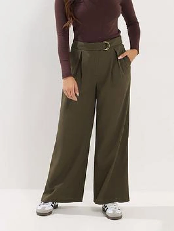 Image of PixieGirl Womens Petite Belted Wide Leg Trousers in Olive Size: 6S Olive Female 6S