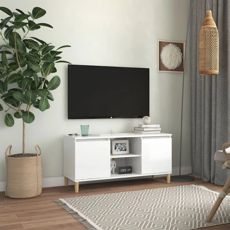 Image of VIDAXL TV Cabinet & Solid Wood Legs High Gloss White 103.5x35x50cm Vidaxl 8720286357743