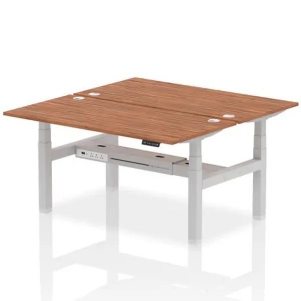 Image of Air Air Back-to-Back 1600 x 800mm Height Adjustable 2 Person Bench Desk Walnut Top with Cable Ports Silver Frame HASCP2P16800WNTS