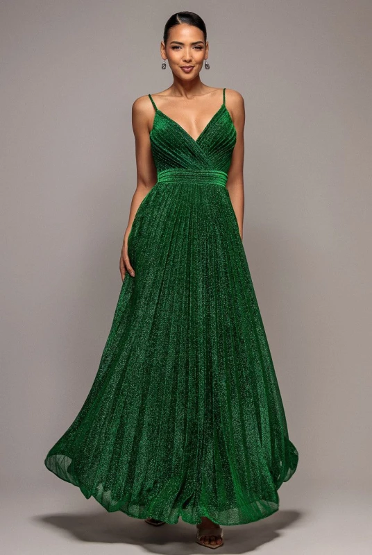 Image of Goddiva Womens Sleeveless Pleated A Line Lurex Maxi Dress in Emerald Size: 8 Emerald Female 8