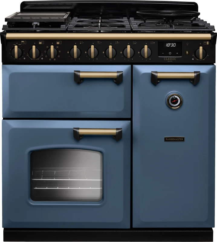 Image of Rangemaster Classic Deluxe 90 CLDL90DFPSTB/AB1 90cm wide Dual Fuel Range Cooker with Gas Hob - Stone Blue / Antique Brass - A Rated