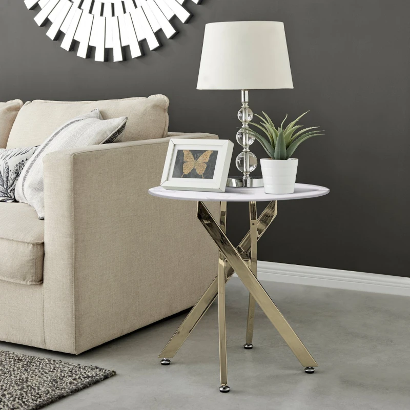 Image of FurnitureboxUK FurnitureboxUK Novara Round Marble Effect Glass Top Side Table With Gold Metal Starburst Legs in White White One Size Unisex 5056542693
