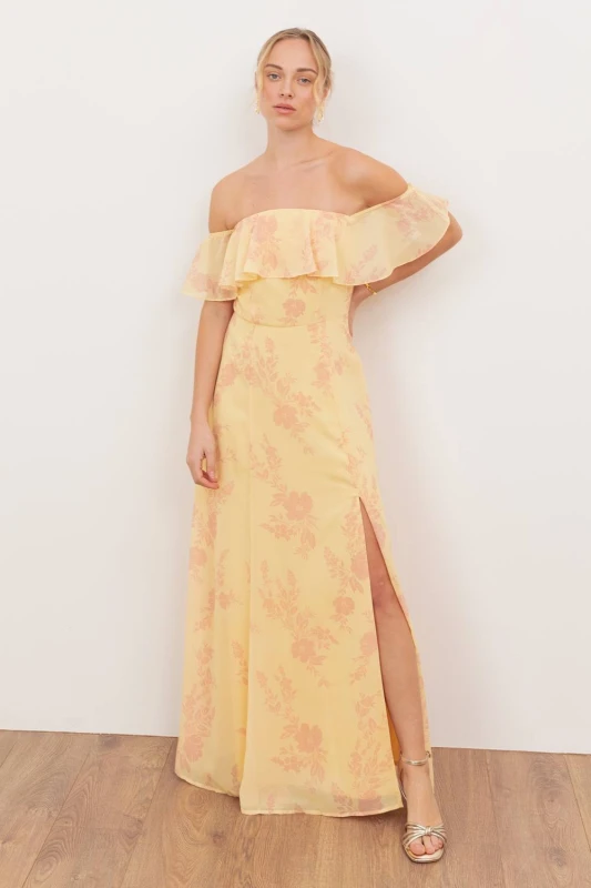 Image of Anaya with Love Womens Floral Print Bardot Maxi Dress in Yellow Size: 8 Yellow Female 8